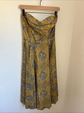 Vintage 1950s Gold Batik-Print Strapless Dress, Sweetheart Bodice, Full-Skirt